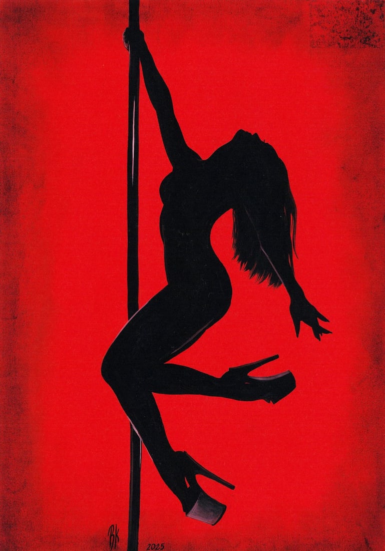 Kateryna Vitrenko (Ukraine,b 2003) acrylic painting: ARTIST: Kateryna Vitrenko (Ukraine, born 2003) TITLE: Nude on the Pole MEDIUM: acrylic on heavy paper CONDITION: Very good. ART SIZE: 12 x 8 inches / 30