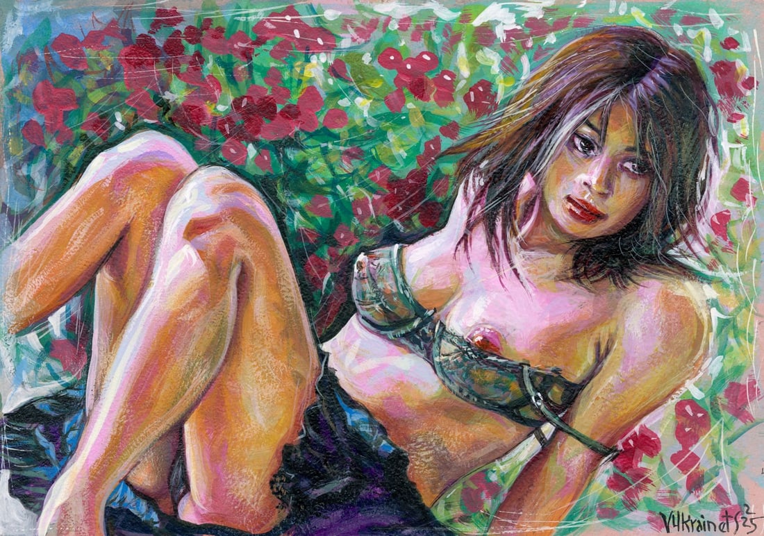 Valentin Ukrainets (Ukraine,b 1965) acrylic painting: ARTIST: Valentin Ukrainets (Ukrainian, born 1965) TITLE: Nude - A Beautiful Girl Among Red Flowers (titled on verso) MEDIUM: acrylic on heavy paper CONDITION: Very good. No