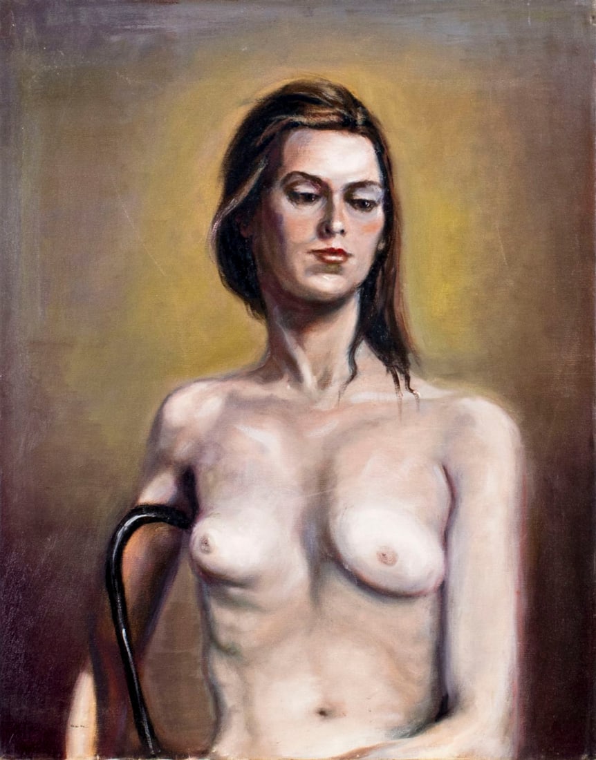 Vintage 20C American oil painting Nude: ARTIST: - (American, 20 century) NAME: Nude MEDIUM: oil on canvas CONDITION: Very good. No visible inpaint under UV light. SIGHT SIZE: 28 x 22 inches / 71 x 55 cm FRAME SIZE:</