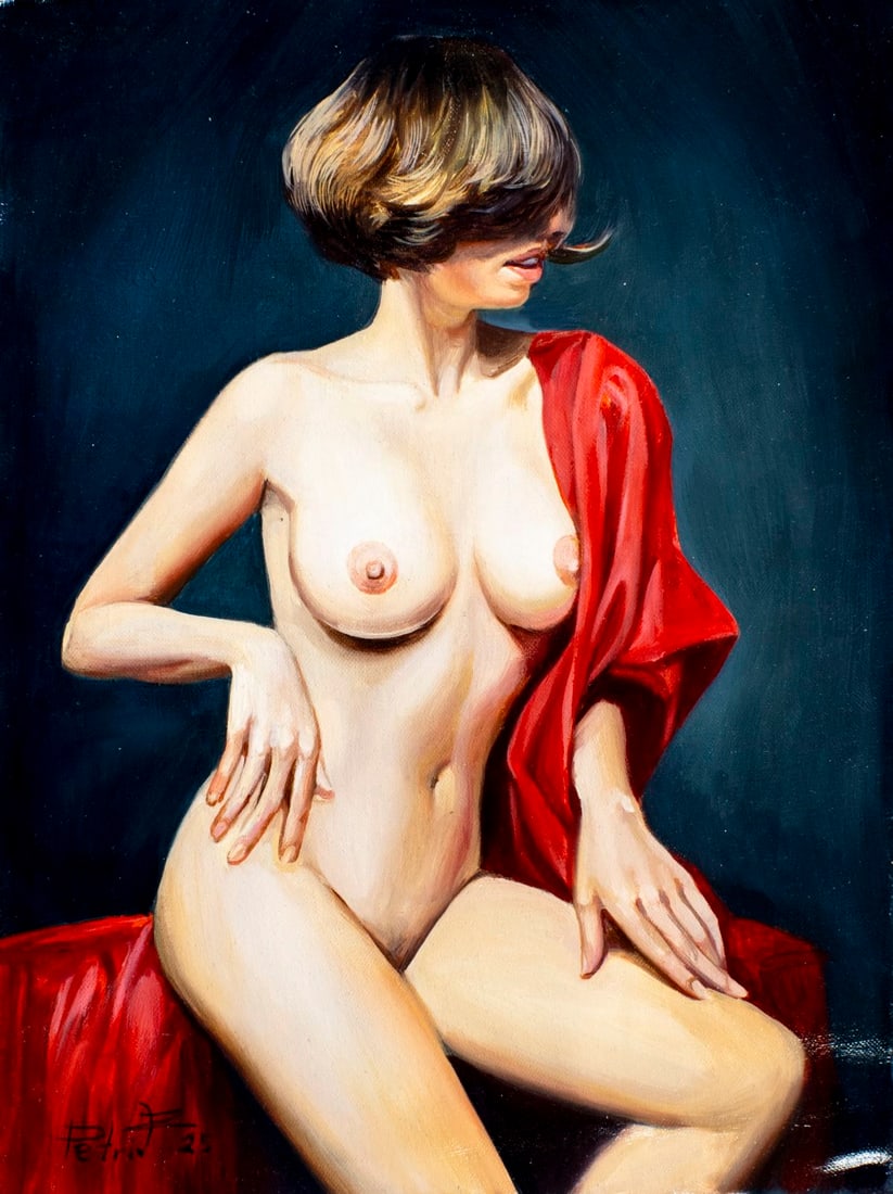 Zoriana Petriv (Ukraine,b 1994) oil painting: ARTIST: Zoriana Petriv (Ukrainian, born 1994) TITLE: Nude - Girl on a Dark Background (titled on verso) YEAR: 2016 MEDIUM: oil on canvas CONDITION: Unstr