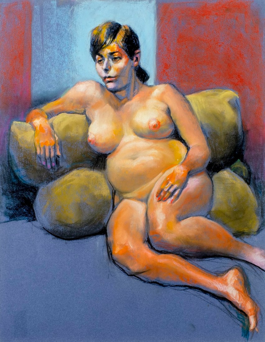 Karl Foster (PA,b 1933) pastel painting: ARTIST: Karl Foster (Pennsylvania, born 1933) TITLE: Seated Nude MEDIUM: pastel on heavy paper CONDITION: Very good. ART SIZE: 26 x 20 inches / 66 x 50 c