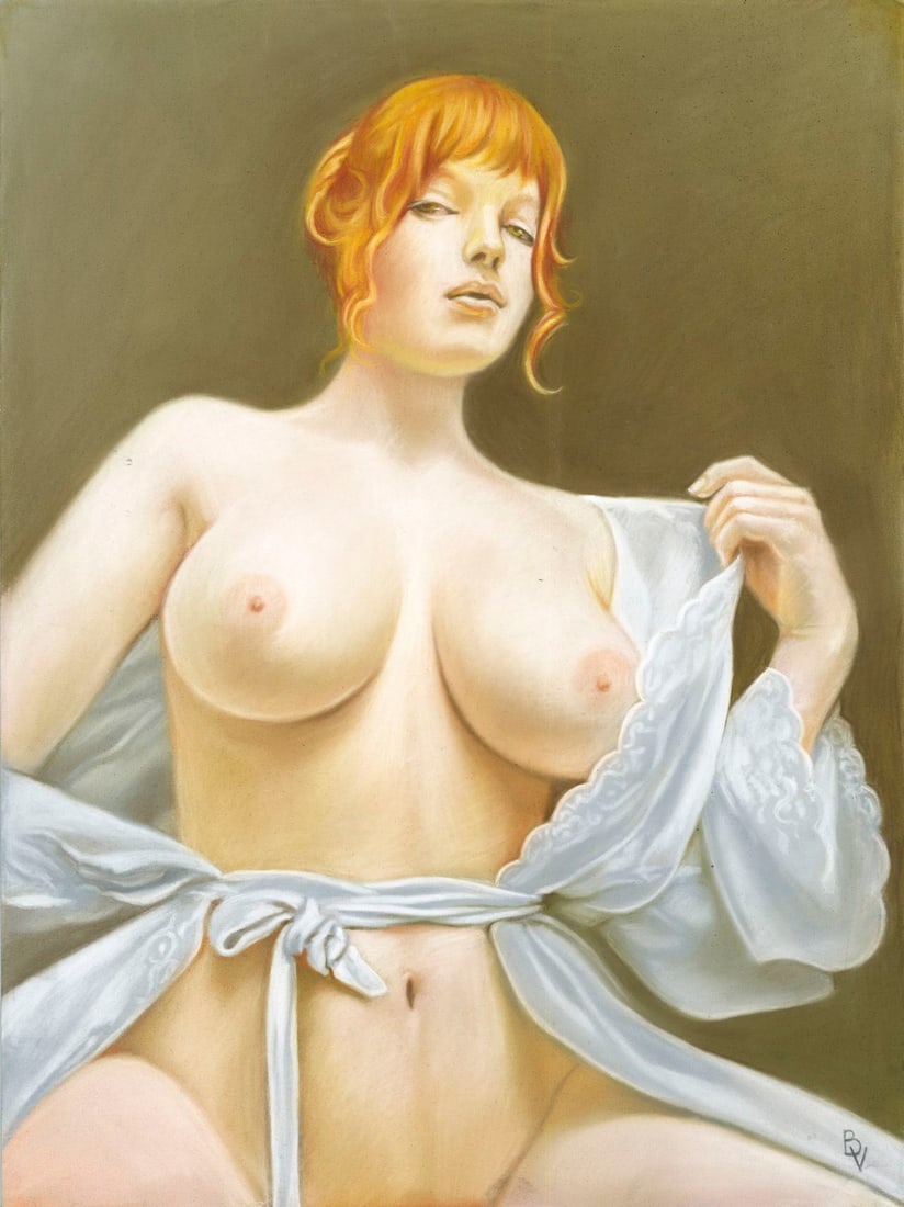 Victoria Borisova (Ukraine,20/21C) pastel painting: ARTIST: Victoria Borisova (Ukrainian, 20/21 centuries) TITLE: Nude MEDIUM: pastel on heavy paper CONDITION: Minor damage to the upper right corner. Few minor paint losses.