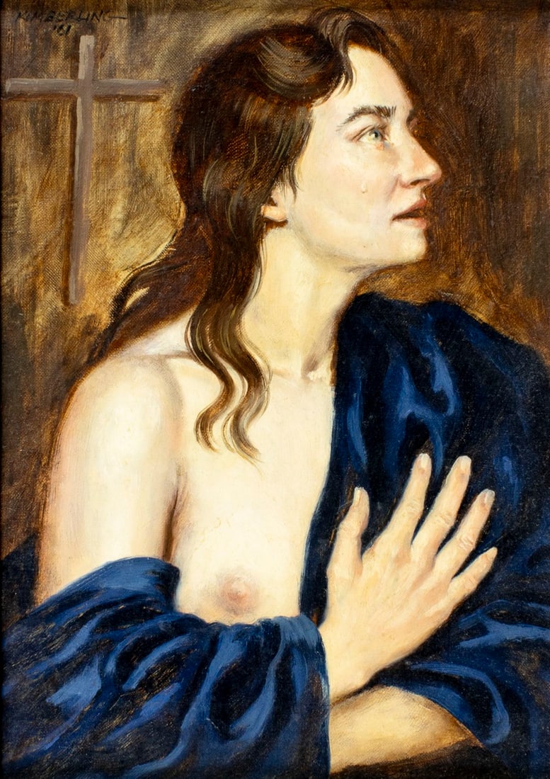 Bruce Kimberling (NM,IN,1921-1993) oil painting: ARTIST: Bruce Kimberling (New Mexico, Indianna, 1921 - 1993) TITLE: Female Semi Nude YEAR: 1961 MEDIUM: oil on canvas CONDITION: Very minor craquelure.