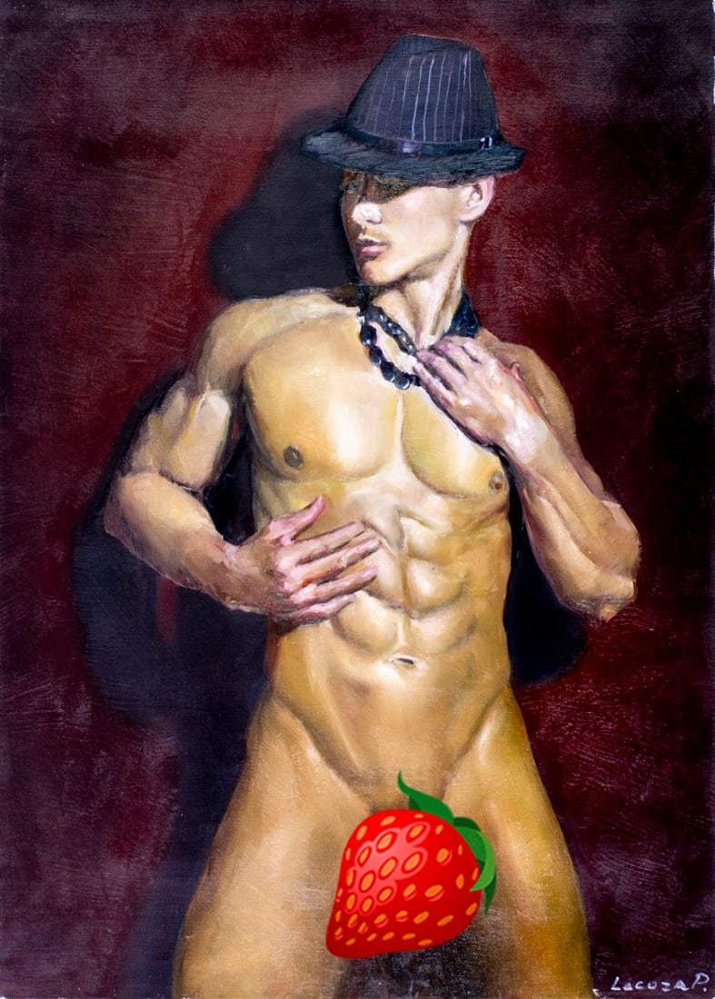 Pavel Lacoza (Ukraine,b 1975) oil painting: ARTIST: Pavel Lacoza (Ukrainian, born 1975) TITLE: Male Nude - Shadows of Desire (titled on verso) MEDIUM: oil on canvas CONDITION: Unstretched (In-House stretching availabl