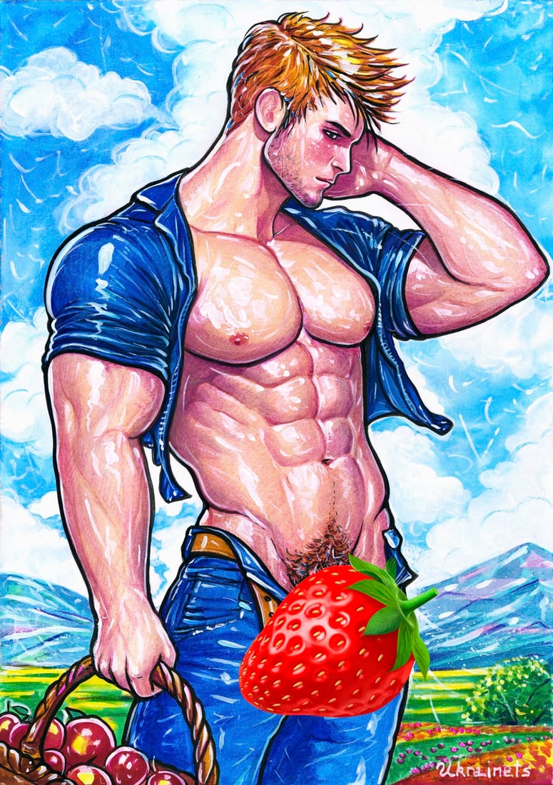 Alex Ukrainets (Ukraine,b 2001) mixed media painting: ARTIST: Alex Ukrainets (Ukrainian, born 2001) TITLE: Male Nude - A Trilling Moment (titled on verso) MEDIUM: mixed media on heavy paper CONDITION: Very good. ART