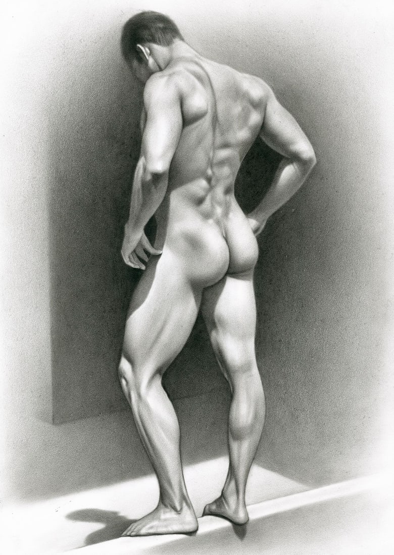 Yaroslav Novostavskiy (Ukraine,b 1989) dry brush oil painting: ARTIST: Yaroslav Novostavskiy (Ukrainian, born 1989) TITLE: Male Nude MEDIUM: dry brush oil on paper CONDITION: Very good. ART SIZE: 17 x 12 inches / 43