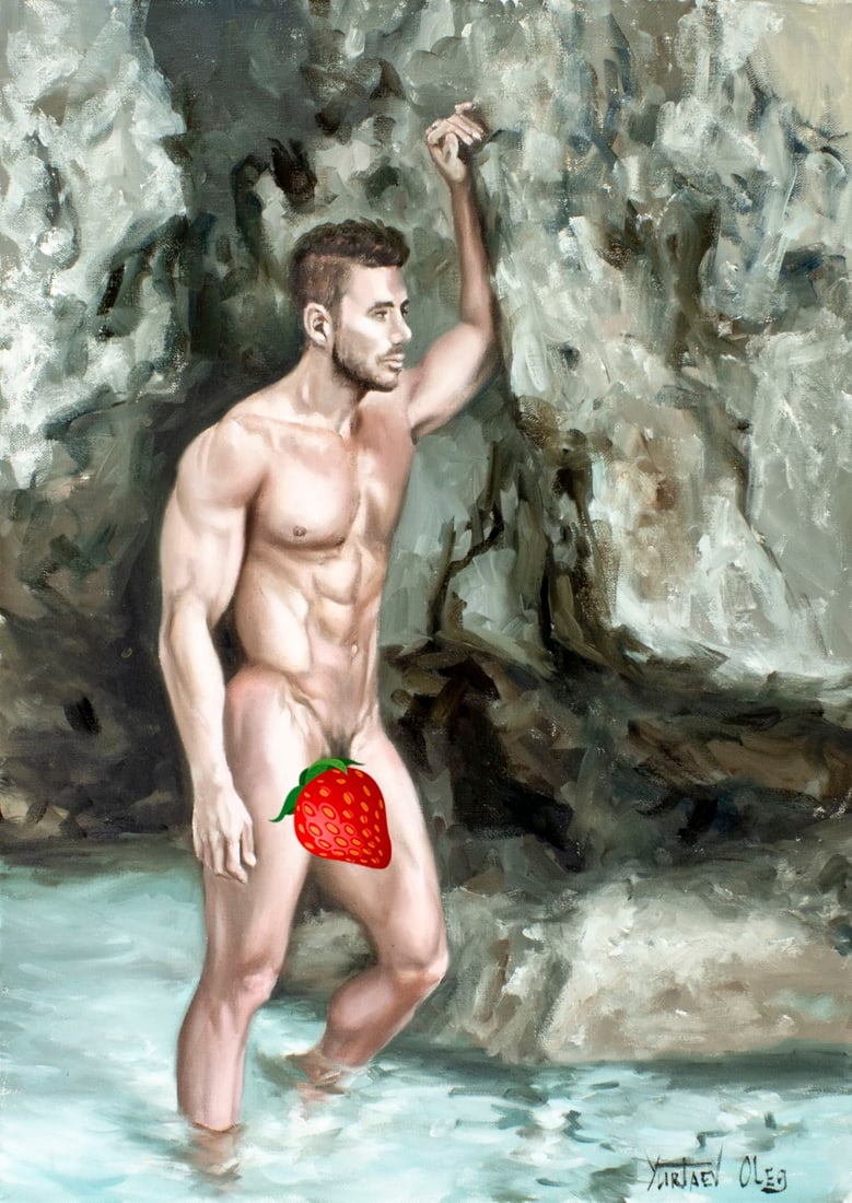 Oleg Yurtaev (Russia,b 1981) oil painting: ARTIST: Oleg Yurtaev (Russian, born 1981) TITLE: Male Nude - Saving from the Heat (titled on verso) MEDIUM: oil on canvas CONDITION: Unstretched (In-House stretching availab