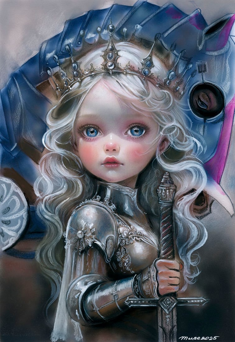 Olga Dolgikova (Ukraine,b 1967) acrylic painting: ARTIST: Olga Dolgikova (Ukrainian, born 1967) TITLE: Knight Woman MEDIUM: acrylic on heavy paper CONDITION: Very good. ART SIZE: 17 x 12 inches / 43 x 30