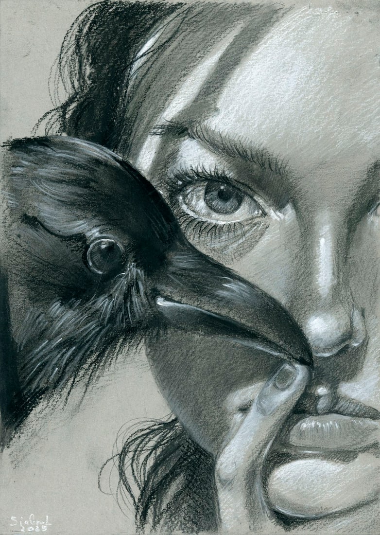 Lyudmila Siabro (Ukraine,20/21C) pastel painting: ARTIST: Lyudmila Siabro (Ukrainian, 20/21 centuries) TITLE: Woman with Raven MEDIUM: pastel on heavy paper CONDITION: Very good. ART SIZE: 12 x 8 inches