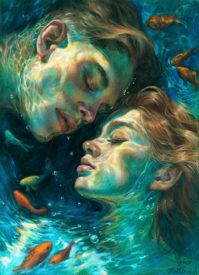 Julia Kirillova (Ukraine,b 1991) pastel painting: ARTIST: Julia Kirillova (Ukrainian, born 1991) TITLE: Woman and Man Underwater MEDIUM: pastel on heavy paper CONDITION: Very good. ART SIZE: 12 x 8 inche