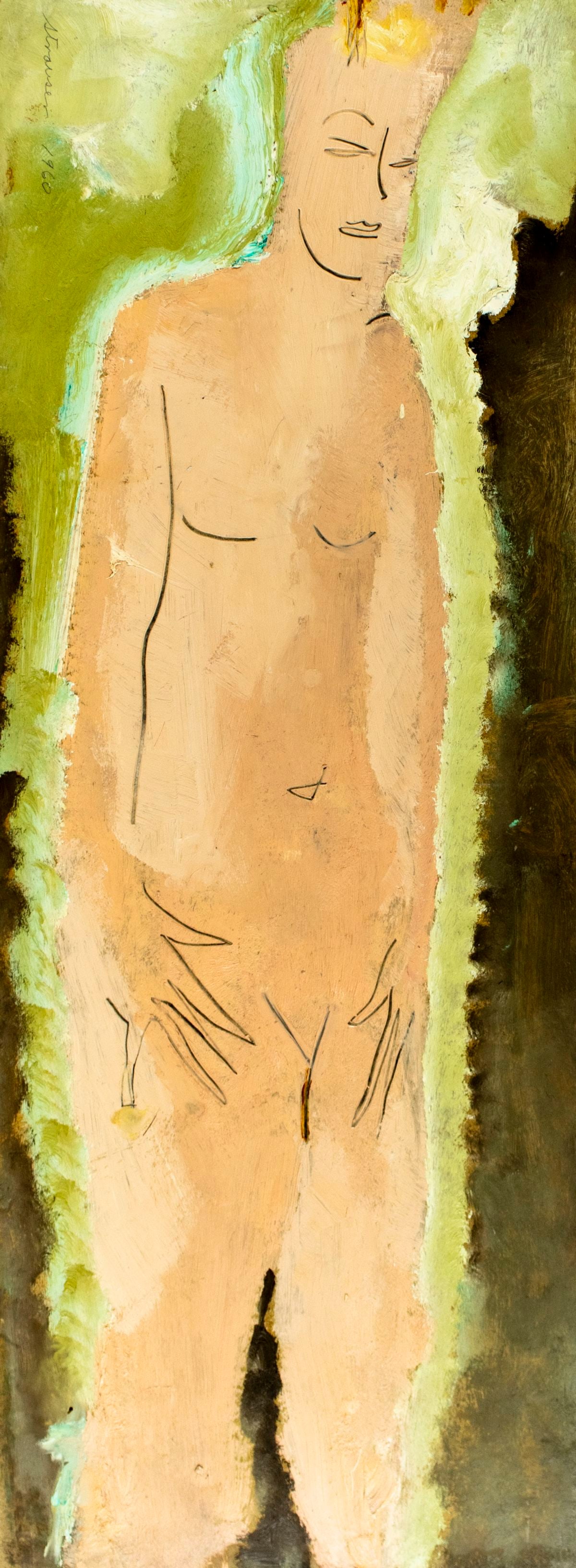 Sterling Strauser (PA,1907-1995) oil painting: ARTIST: Sterling Boyd Strauser (Pennsylvania, 1907 - 1995) TITLE: Nude YEAR: 1960 MEDIUM: oil on board CONDITION: Slight warping to the board. Some dam