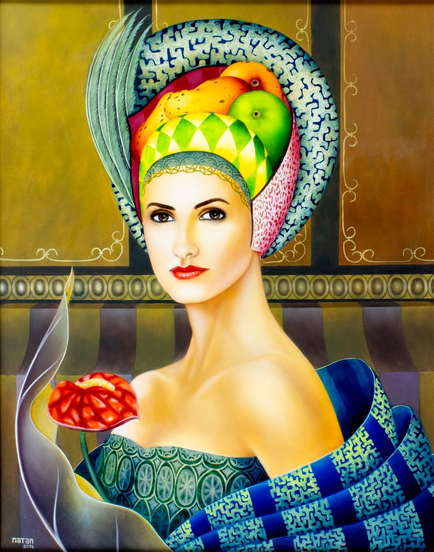 Natan Zuniga (Honduras,20/21C) acrylic painting: ARTIST: Natan Zuniga (Honduras, 20/21 centuries) TITLE: Portrait of Woman YEAR: 2006 MEDIUM: acrylic on canvas CONDITION: Very good. No visible inpaint u