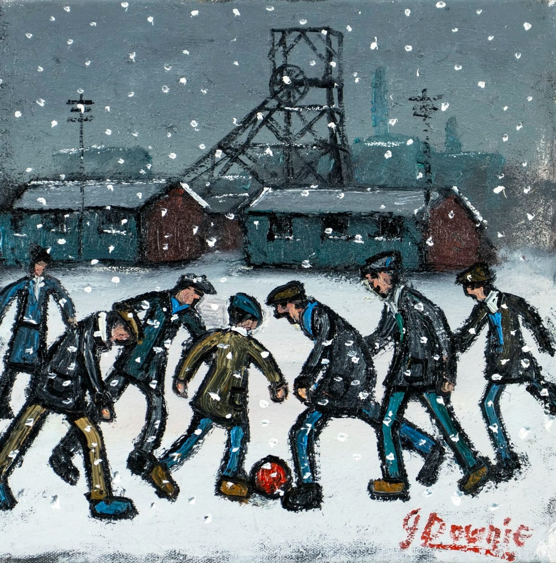 James Downie (UK,1949-?) oil painting: ARTIST: James Downie (United Kingdom, 1949 - ???) TITLE: Soccer Players MEDIUM: oil on canvas CONDITION: Overall good. No visible inpaint under UV light. Normal wear along