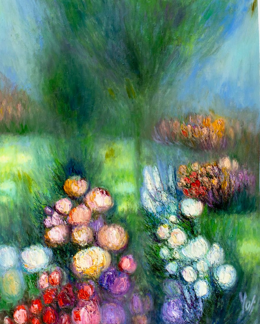 Yolanda Razzeto (Peru,1948-?) oil painting: ARTIST: Yolanda Razzeto (Peruvian, 1948 - ???) TITLE: Garden Landscape MEDIUM: oil on canvas CONDITION: Unstretched (In-House stretching available). Very good. No visible