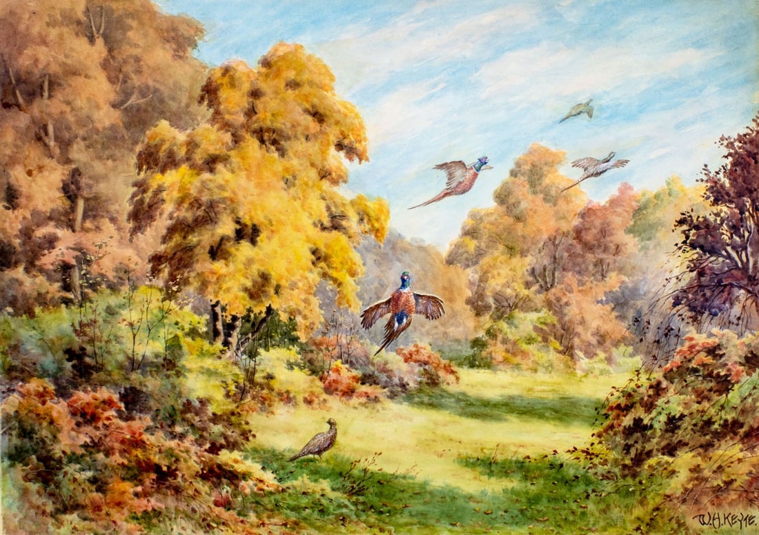 W H Keyte (UK,early 20C) watercolor painting antique: ARTIST: W H Keyte (United Kingdom, early 20 century) TITLE: A Sunny Glade (titled on verso) MEDIUM: watercolor on paper. Paper applied to board. CONDITION: Some damages to e