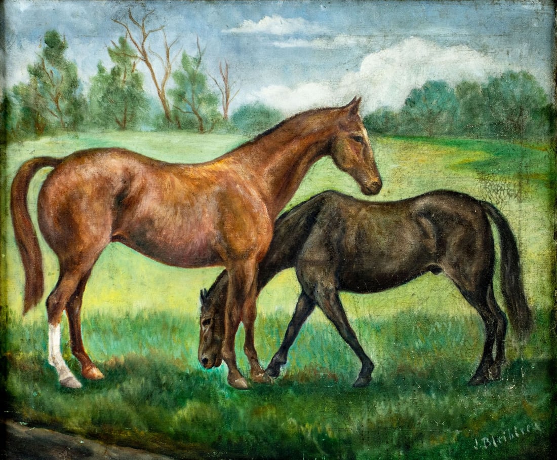 Jacob Bleibtreu (US,mid 20C) oil painting: ARTIST: Jacob Bleibtreu (American, mid 20 century) TITLE: Two Horses YEAR: 1951 MEDIUM: oil on canvas CONDITION: Minor scratches/paint losses. Some craqu
