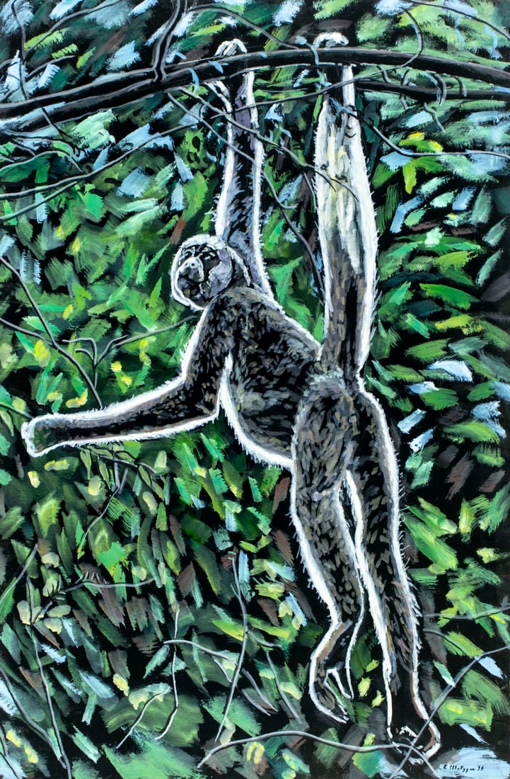 Evelyn Metzger (NY,Brazil,1911-2007) oil painting: ARTIST: Evelyn Borchard Metzger (New York, Brazilian, 1911 - 2007) TITLE: Monkey on the Tree YEAR: 1995 MEDIUM: oil on board CONDITION: Overall good. N