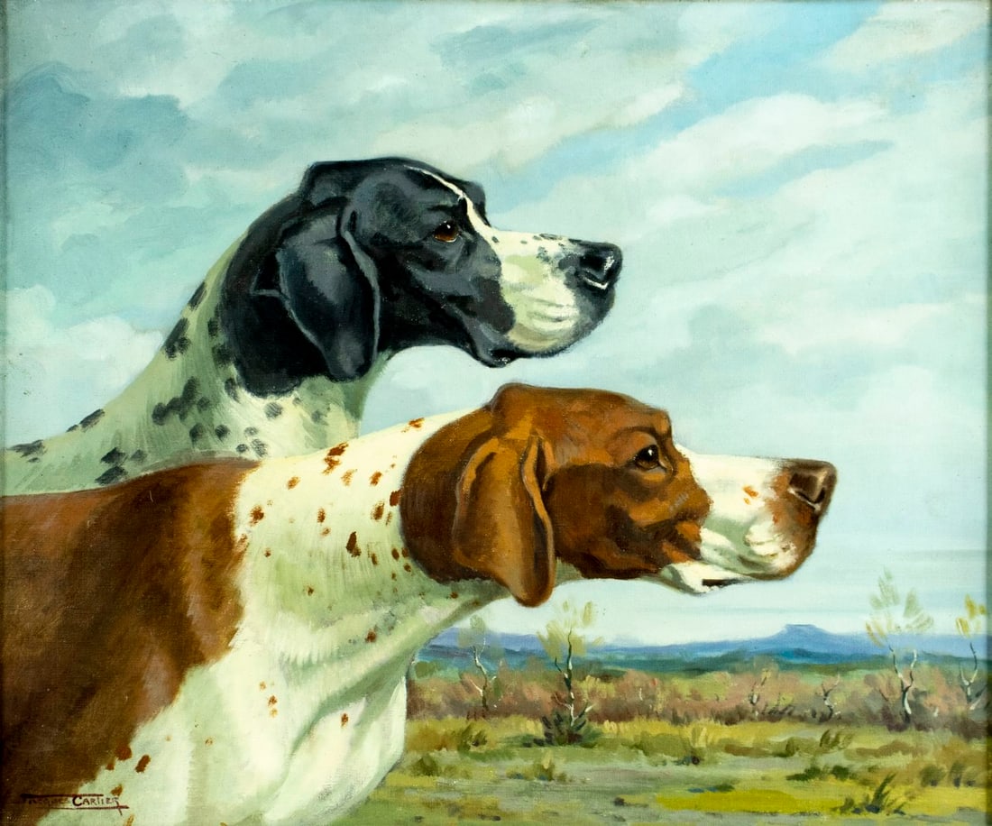 Jacques Cartier (France,1907-2001) oil painting: ARTIST: Jacques Cartier (French, 1907 - 2001) TITLE: Two Hunting Dogs MEDIUM: oil on canvas CONDITION: Overall good. No visible inpaint under UV light. Minor damages to f