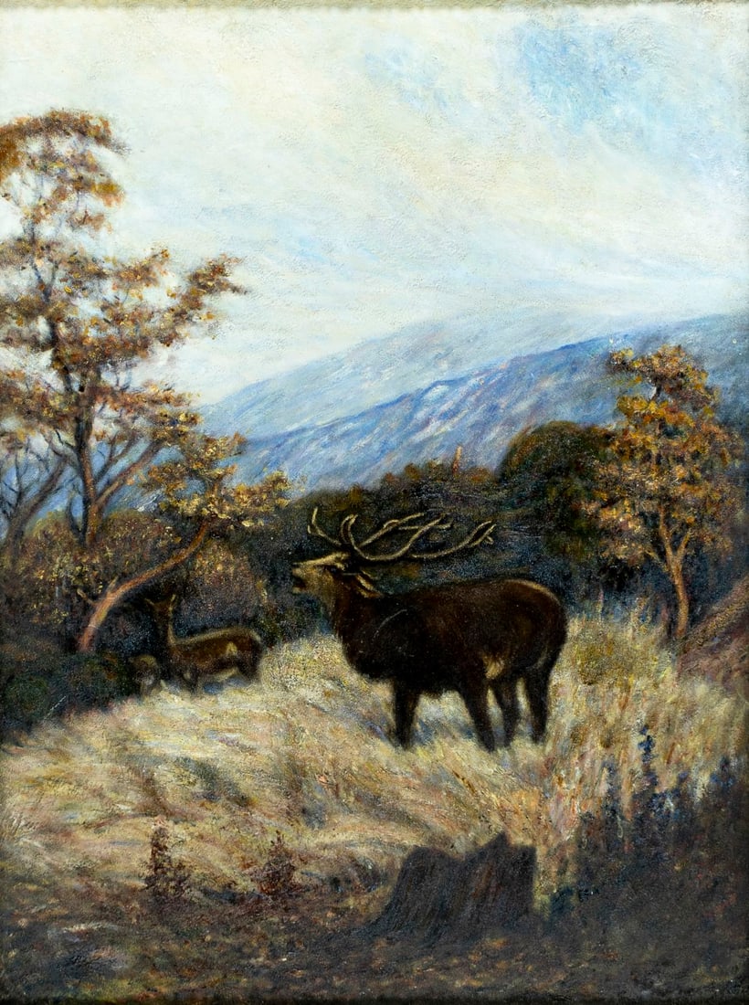 Antique early 20C American oil painting: ARTIST: - (American, early 20 century) TITLE: Mountain Landscape with Elks MEDIUM: oil on board CONDITION: Few minor scratches/paint losses mostly in the lower left quadra