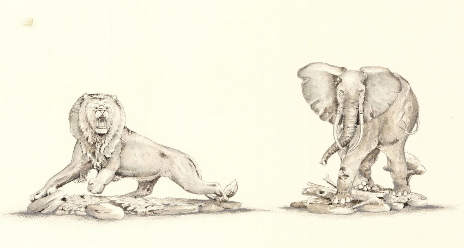 George McMonigle (PA,Hawaii,b 1951) watercolor painting: ARTIST: George McMonigle (Pennsylvania, Hawaii, born 1951) TITLE: African Wildlife - Lion and Elephant YEAR: 1980s MEDIUM: watercolor on board CONDITION: