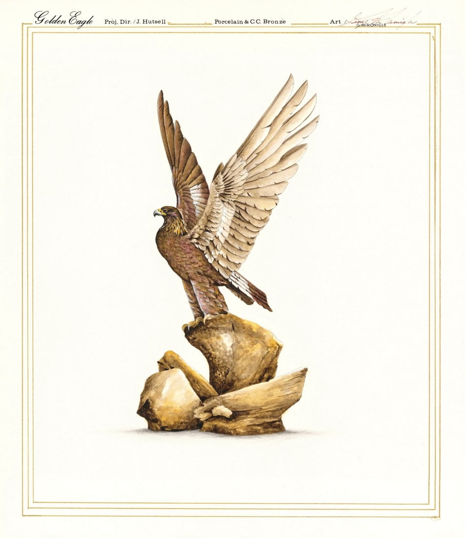 George McMonigle (PA,Hawaii,b 1951) watercolor painting: ARTIST: George McMonigle (Pennsylvania, Hawaiian, born 1951) TITLE: Golden Eagle Bird YEAR: 1980s MEDIUM: watercolor on board CONDITION: Very good.