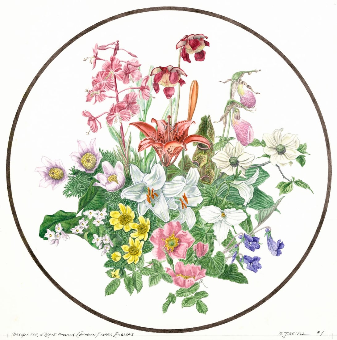 Ernest John Revell (Canada,1934-2017) watercolor painting: ARTIST: Ernest John Revell (Canadian, 1934 - 2017) TITLE: Floral Still Life - Design for Plate MEDIUM: watercolor on heavy paper CONDITION: Overall good. ART SI
