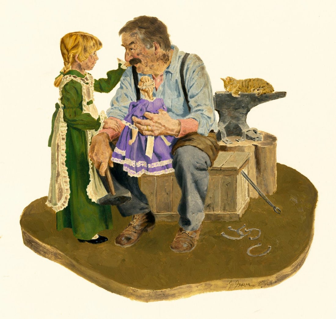 Gerald Farm (NM,NE,1935-2023) gouache painting: ARTIST: Gerald Farm (New Mexico, Nebraska, 1935 - 2023) TITLE: New Toy YEAR: 1984 MEDIUM: gouache on board CONDITION: Some age toning. ART S