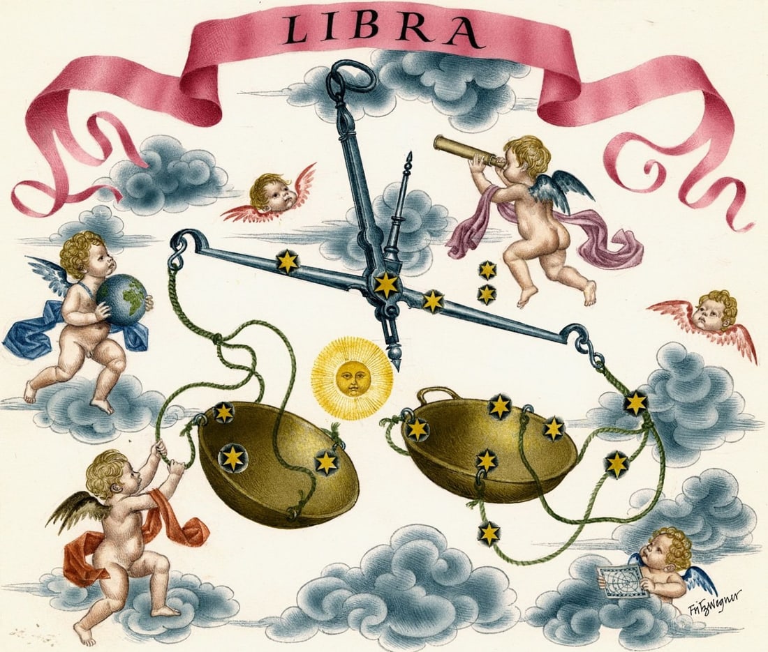 Fritz Wegner (Austria,1924-2015) watercolor painting: ARTIST: Fritz Wegner (Austrian, 1924 - 2015) TITLE: Halleys Comet - Libra, The Scales (titled on verso) YEAR: 1986 MEDIUM: watercolor on paper. Paper applied to board.