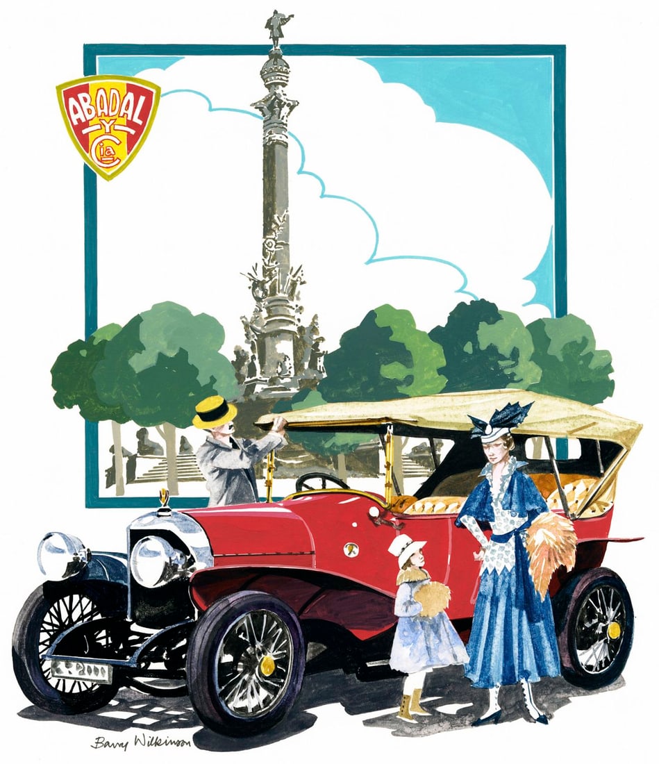 Barry Wilkinson (UK,1923-2007) gouache painting: ARTIST: Barry Wilkinson (United Kingdom, 1923 - 2007) TITLE: Spain N 2, 1912 Adabal Car (titled on verso) YEAR: 1985 MEDIUM: gouache on board CONDITION: