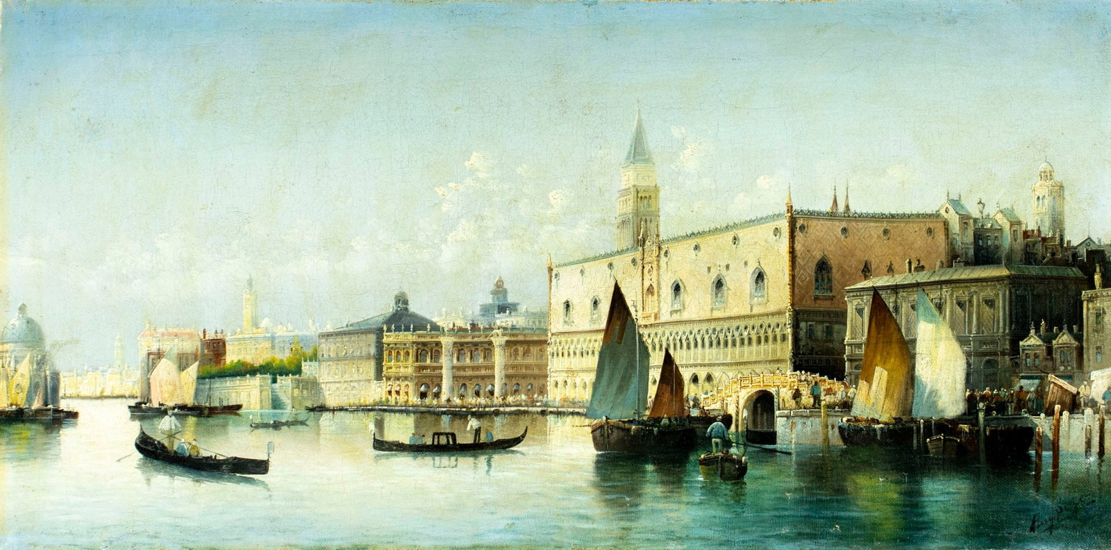 August von Siegen (German,1850-1920s) oil painting antique: ARTIST: August von Siegen (Germany, 1850 - 1920s) TITLE: Venetian Canal Cityscape, Italy MEDIUM: oil on canvas CONDITION: Minor scratches/paint losses. Some craquelure. So