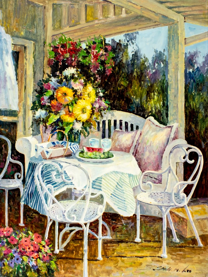 Sang M Lee (South Korea,US,1949-?) oil painting: ARTIST: Sang M Lee (South Korean, American, 1949 - ???) TITLE: Summer Terrace Scene MEDIUM: oil on canvas CONDITION: Unstretched (In-House stretching available). Few small