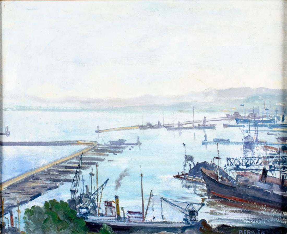 Jean Eugene Bersier (France,1895-1978) oil painting: ARTIST: Jean Eugene Bersier (French, 1895 - 1978) TITLE: Le Port dAlger au Matin (titled on stretcher) YEAR: 1968 MEDIUM: oil on canvas CONDITION: Few