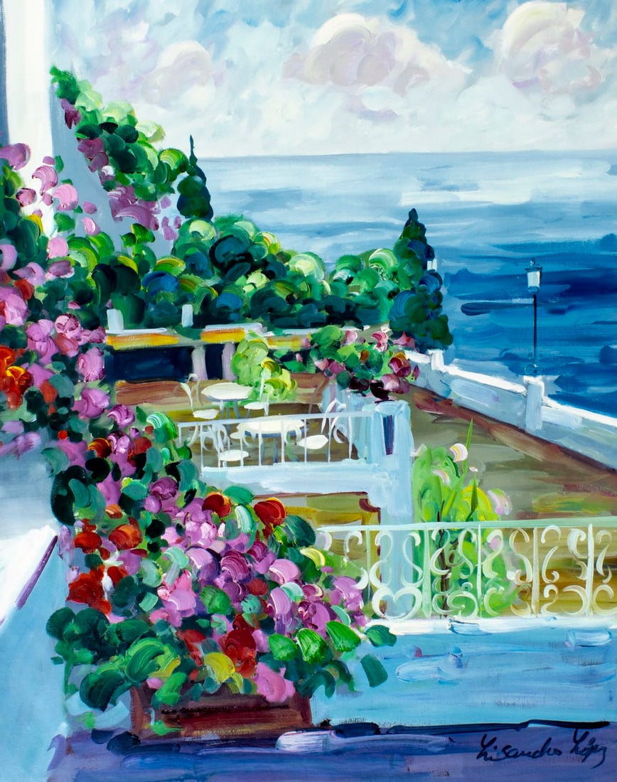 Lisandro Baylon (Argentina,US,1951-?) oil painting: ARTIST: Lisandro Lopez Baylon (Argentinian, American, 1951 - ???) TITLE: Summer Terrace Landscape MEDIUM: oil on canvas CONDITION: Unstretched (In-House stretching availab