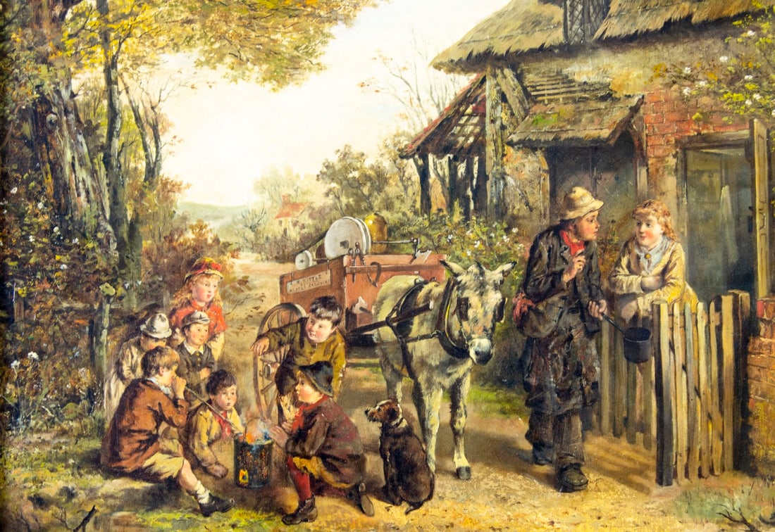 Frederick Pasmore (UK,c 1875-1884) oil painting antique: ARTIST: Frederick George Pasmore (United Kingdom, act. 1875 - 1884) TITLE: Village Scene YEAR: 1884 MEDIUM: oil on canvas CONDITION: Relined. Few small p