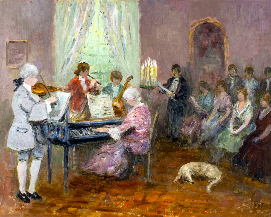 Marcel Dyf (France,1899-1985) oil painting: ARTIST: Marcel Dyf (French, 1899 - 1985) TITLE: Concert au Chateau (titled on verso) YEAR: 1985 MEDIUM: oil on canvas CONDITION: Missing few flakes of