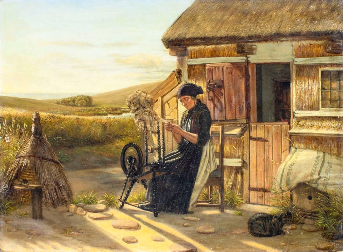 Vogelsang (Denmark,mid 19C) oil painting antique: ARTIST: Vogelsang (Danish, mid 19 century) TITLE: Woman Spinning Yarn YEAR: 1856 MEDIUM: oil on canvas CONDITION: Few minor paint losses. Minor craquelur