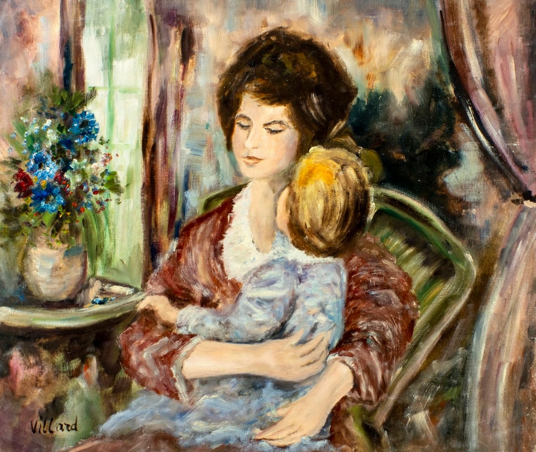 D Villard (Europe,20C) oil painting: ARTIST: D Villard (European, 20 century) TITLE: Mother and Daughter MEDIUM: oil on canvas CONDITION: Unstretched (In-House stretching available). Minor scratches/paint losse