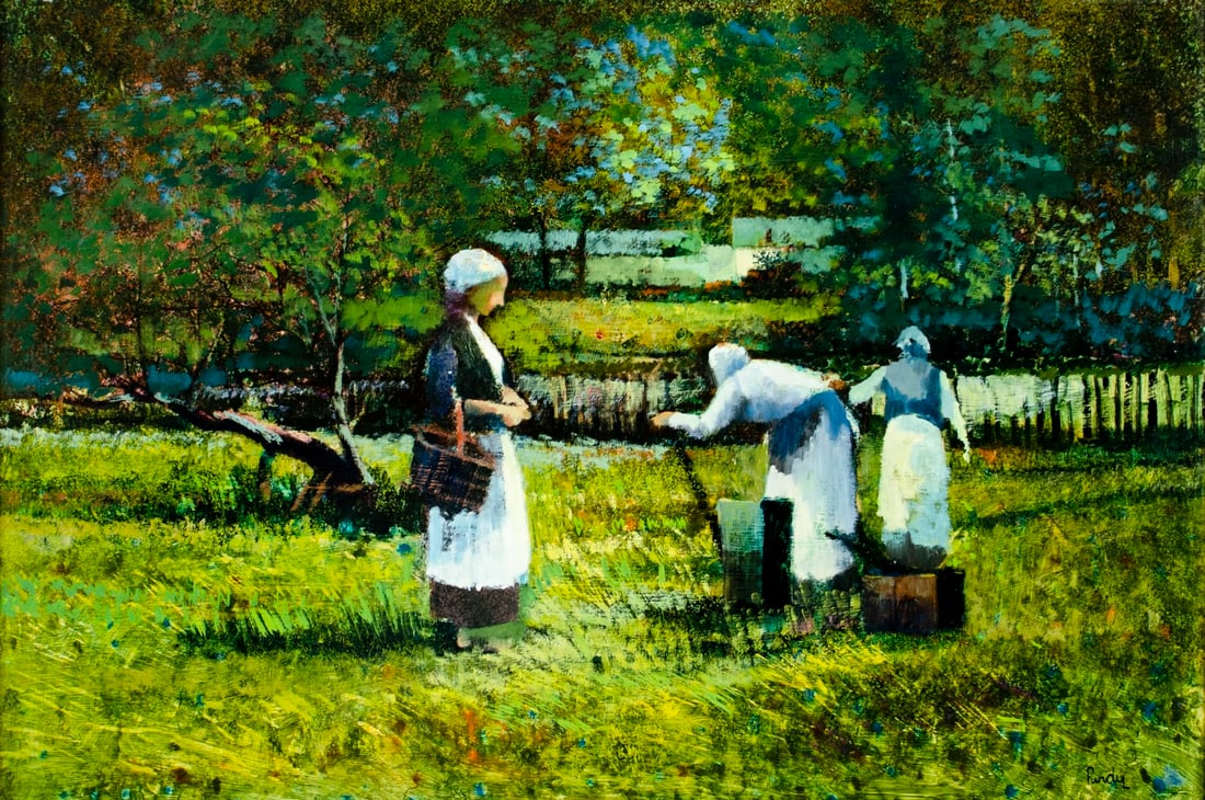 Donald Purdy (CT,1924-2016) oil painting: ARTIST: Donald Purdy (Connecticut, 1924 - 2016) TITLE: Harvesting MEDIUM: oil on board CONDITION: Few very minor scratches/paint losses. One minor inpainting by the lower
