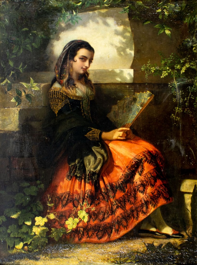 Alfred Rankley (UK,1819-1872) oil painting antique: ARTIST: Alfred Rankley (United Kingdom, 1819 - 1872) TITLE: Girl of Seville, Spain (titled on verso) YEAR: 1856 MEDIUM: oil on canvas CONDITION: Reline