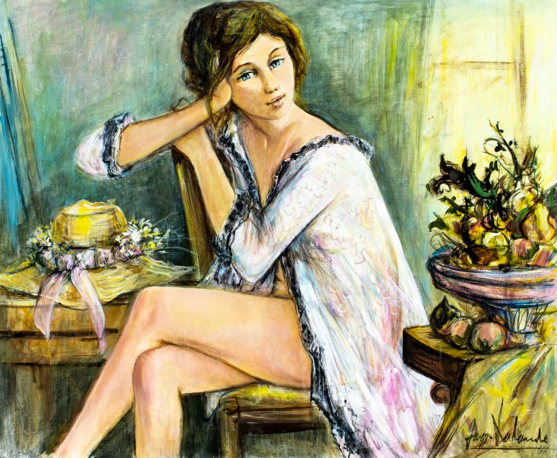 Jacques Lalande (French,1921-2003) oil painting: ARTIST: Jacques Lalande (France, 1921 - 2003) TITLE: Woman in Dressing Gown YEAR: 1977 MEDIUM: oil on canvas CONDITION: Unstretched (In-House stretchin
