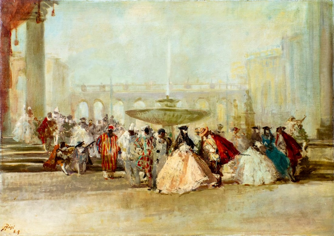 Sergio Cirno Bissi (Italy,1902-1987) oil painting: ARTIST: Sergio Cirno Bissi (Italian, 1902 - 1987) TITLE: Ball Scene MEDIUM: oil on canvas CONDITION: Relined. Few minor paint losses. Some craquelure. Some scattered inpai