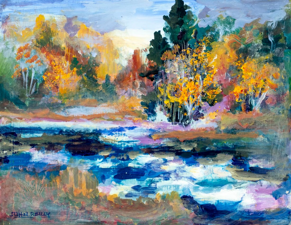 John Reilly (NY,NJ,1942-2021) oil painting: ARTIST: John Reilly (New York, New Jersey, 1942 - 2021) TITLE: Autumn River Landscape MEDIUM: oil on board CONDITION: Few minor paint losses along edges. No visible inpain