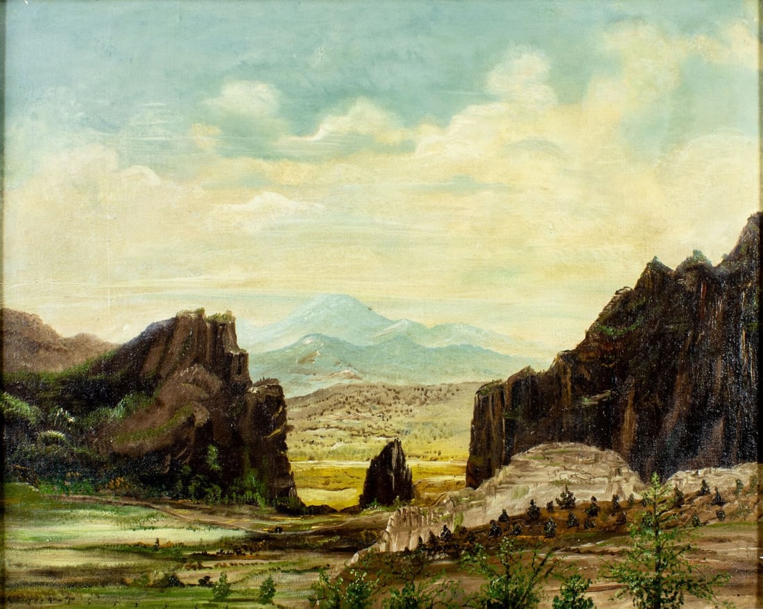 Vintage mid 20C American oil painting: ARTIST: - (American, mid 20 century) TITLE: Mountain Landscape MEDIUM: oil on canvas. Canvas applied to board. CONDITION: Few minor scratches/paint losses. Minor craquelur