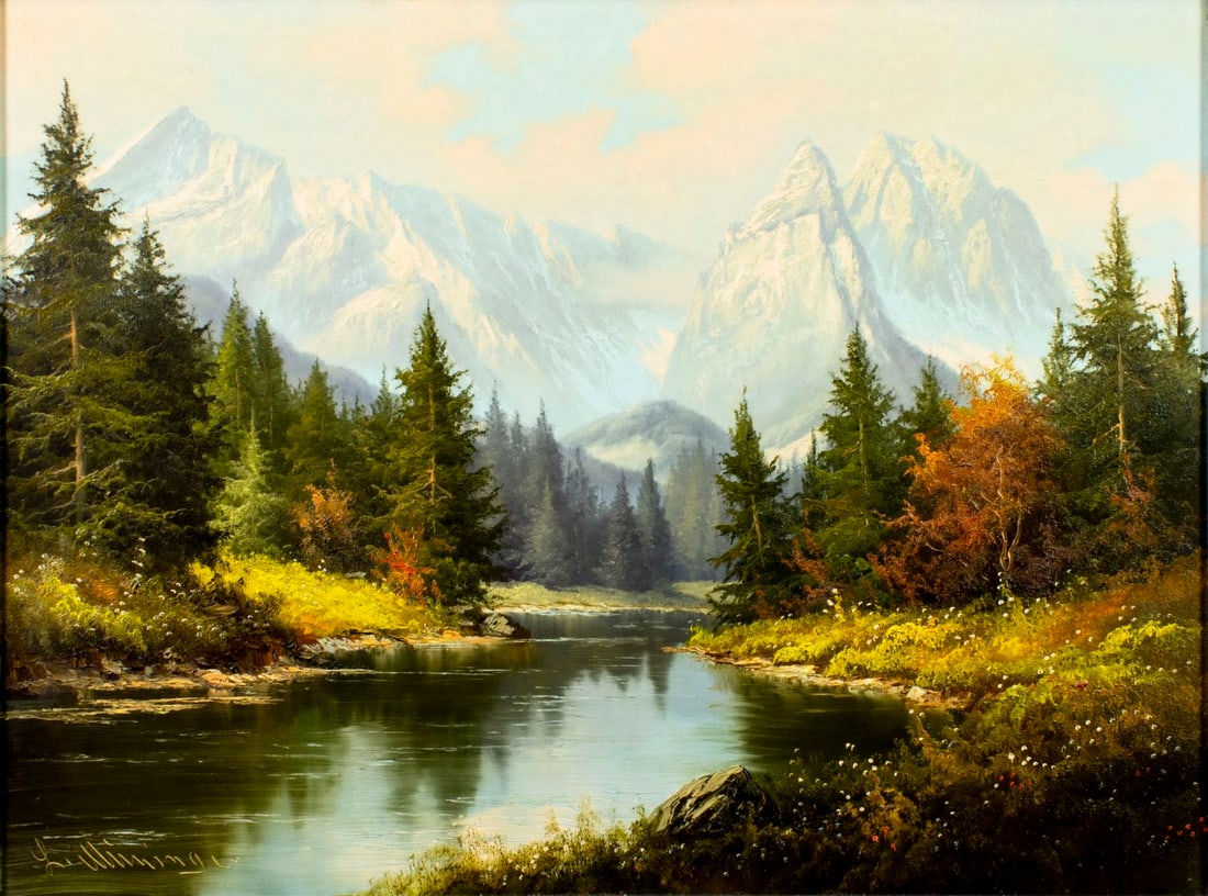 Ludwig Munninger (German,1929-1997) oil painting: ARTIST: Ludwig Munninger (Germany, 1929 - 1997) TITLE: Alpine Mountain Landscape, Garmisch, Germany MEDIUM: oil on canvas CONDITION: Overall good. No visible inpaint under