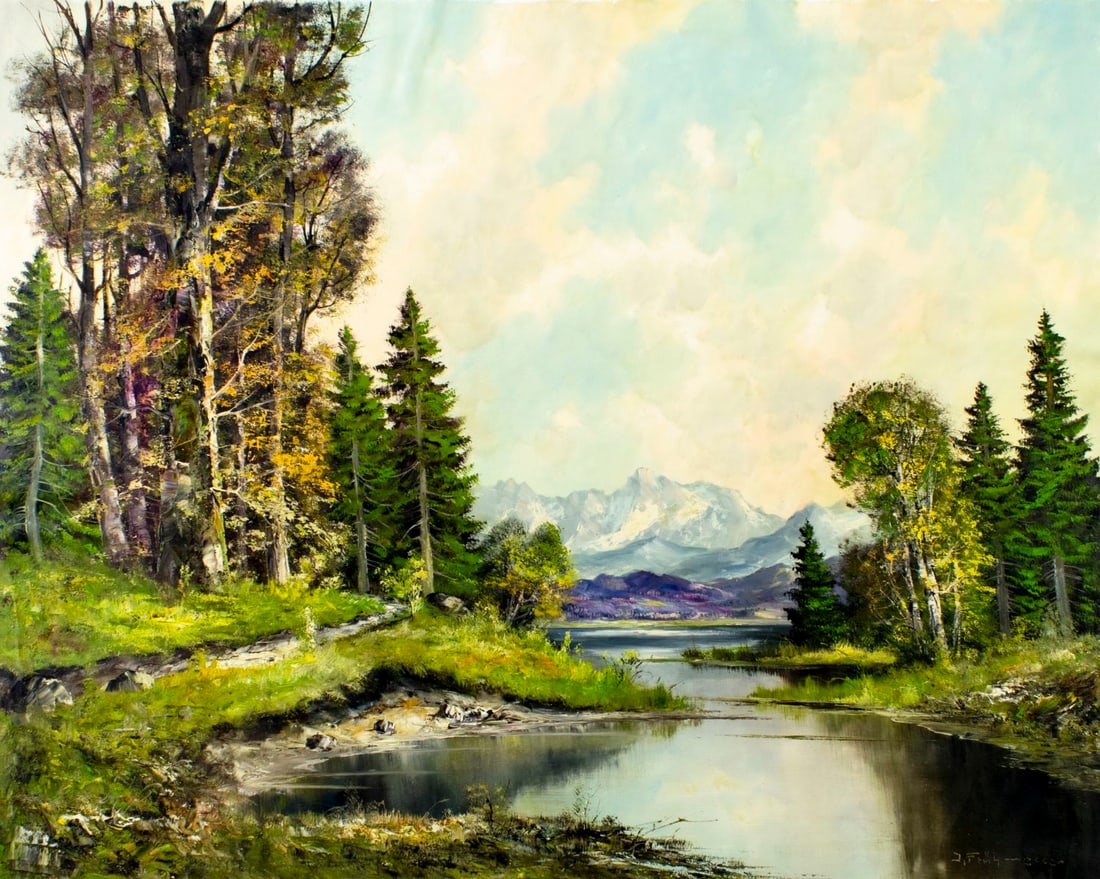 Joseph Fruhmesser (Austria,Germany,1928-1995) oil painting: ARTIST: Joseph Josef Fruhmesser (Austrian, German, 1928 - 1995) TITLE: Mountain Lake Landscape MEDIUM: oil on canvas CONDITION: Unstretched (In-House stretching available)