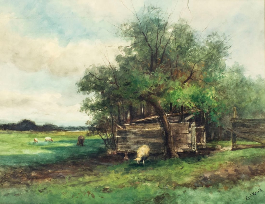 Emil Kauff (Europe,19/20C) watercolor painting: ARTIST: Emil Kauff (European, 19/20 centuries) TITLE: Country Landscape MEDIUM: watercolor on paper CONDITION: Some age toning. Framed under glass. Some damades to frame.