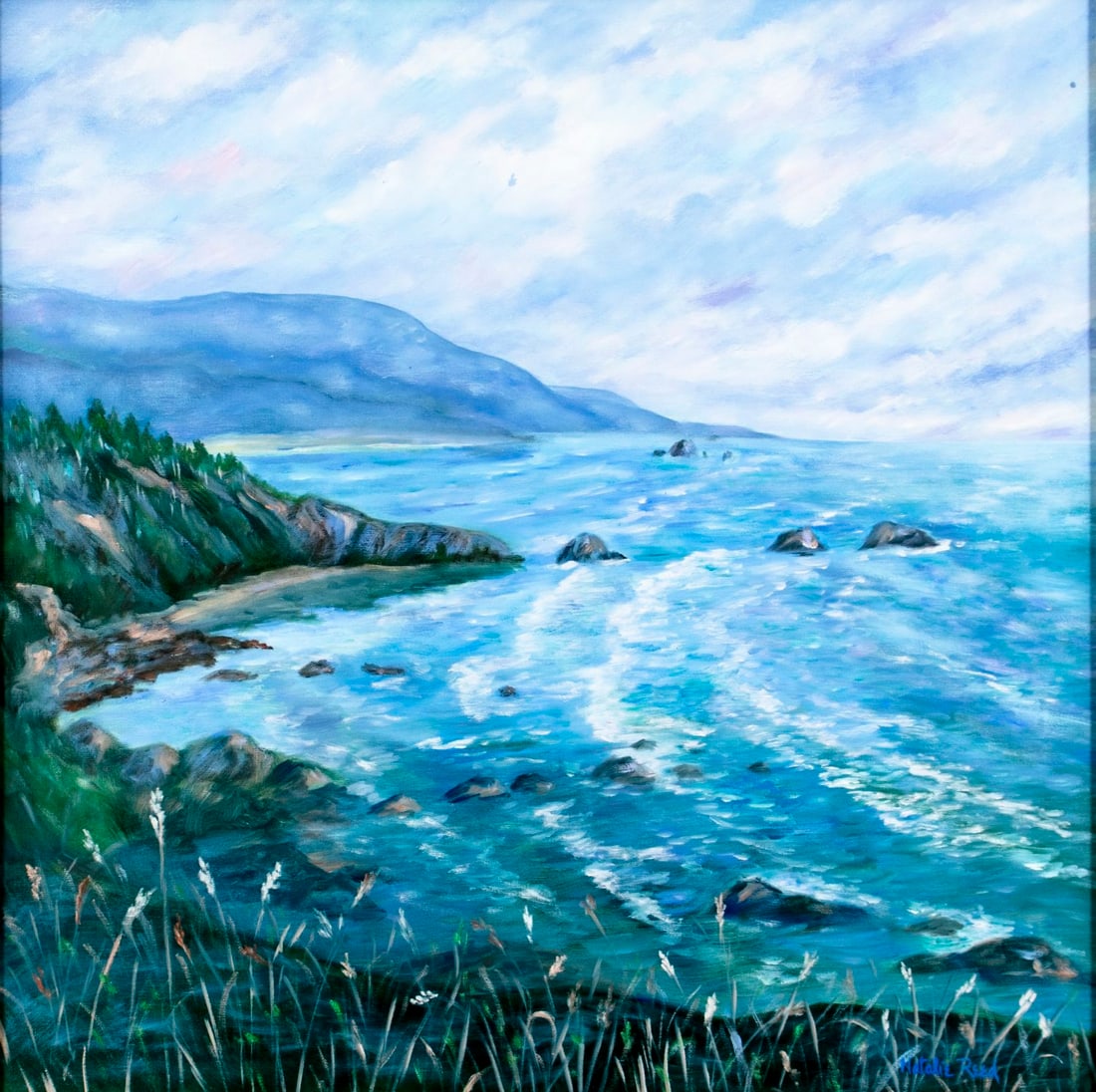 Natalie Reed (US,20C) oil painting: ARTIST: Natalie Reed (American, 20 century) TITLE: Coastal Landscape MEDIUM: oil on canvas CONDITION: Some paint losses mostly in the upper left quadrant. No visible inpaint