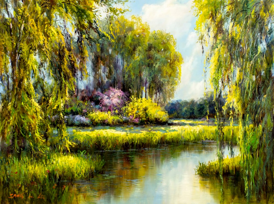 Sang M Lee (South Korea,US,b 1949) oil painting: ARTIST: Sang M Lee (South Korean, American, born 1949) TITLE: River Landscape MEDIUM: oil on canvas CONDITION: Unstretched (In-House stretching available). Overall good. No