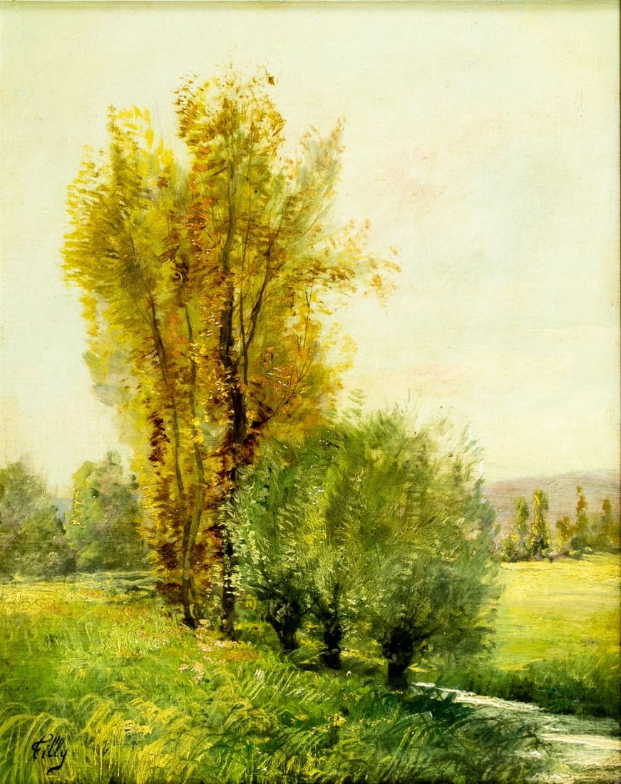 Lilly (French,early 20C) oil painting antique: ARTIST: Lilly (France, early 20 century) TITLE: Autumn Landscape MEDIUM: oil on canvas CONDITION: Relined. Missing a few flakes of paint. Some craquelure. Some scattered i