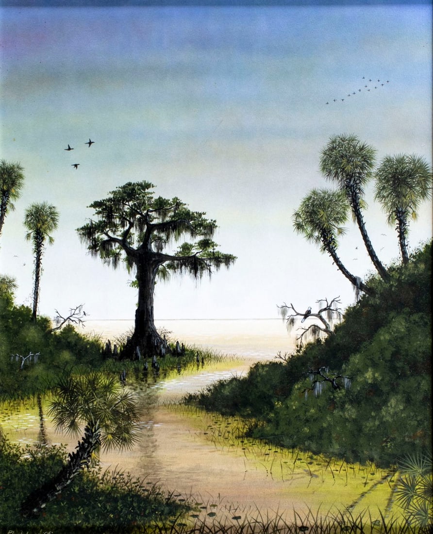 Raymond Plockelman (FL,1943-2021) oil painting: ARTIST: Raymond Plockelman (Florida, 1943 - 2021) TITLE: Landscape - The General YEAR: 2005 MEDIUM: oil on board CONDITION: Very good. No visible inpai